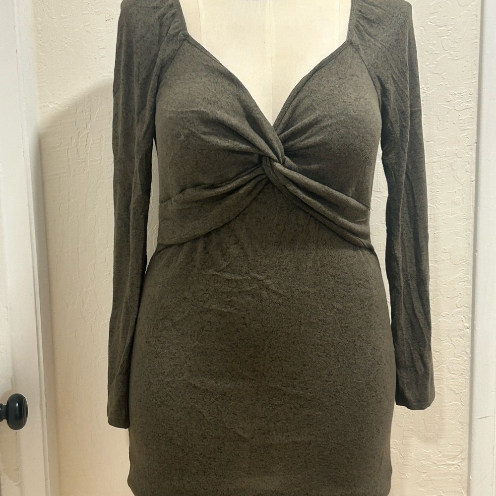 Lulu's Olive Twist-Front Long Sleeve Mini Dress